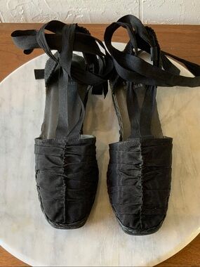 Stuart Weitzman Black Ruched Espadrille Wrap Flats